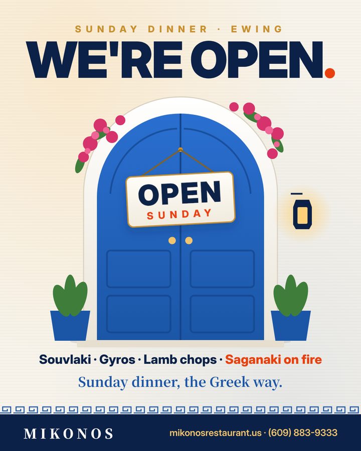 Flyer of a blue Greek door with an Open Sunday sign