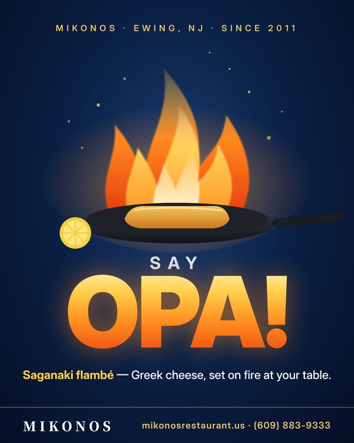 Say OPA flyer with flaming saganaki