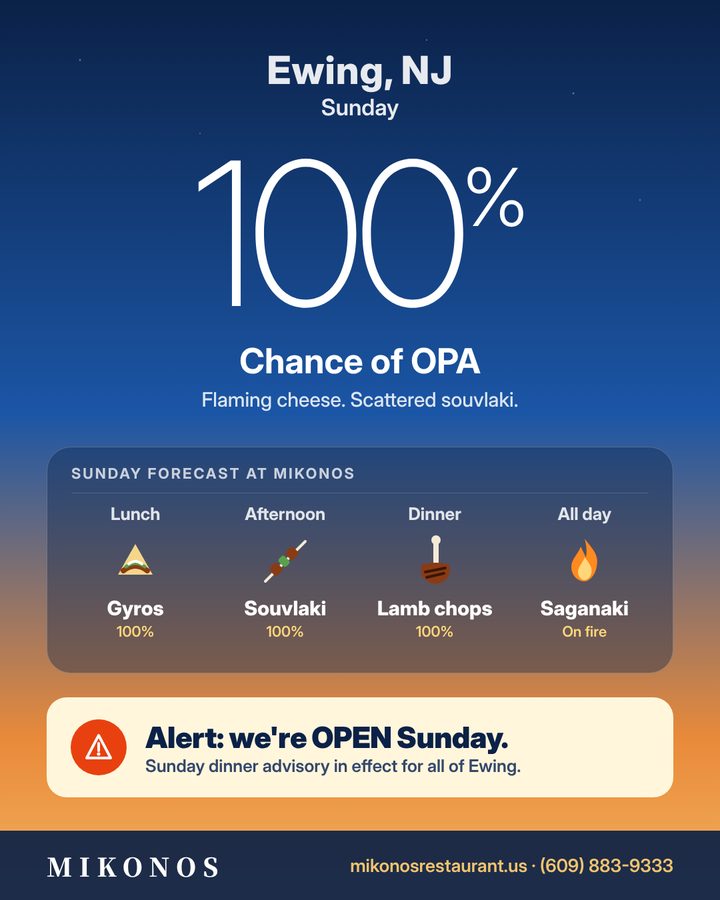 Weather-app style flyer: 100 percent chance of OPA this Sunday