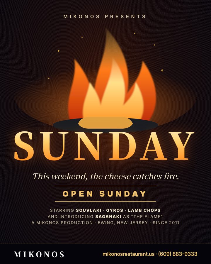 Movie-poster style flyer: SUNDAY, open Sunday