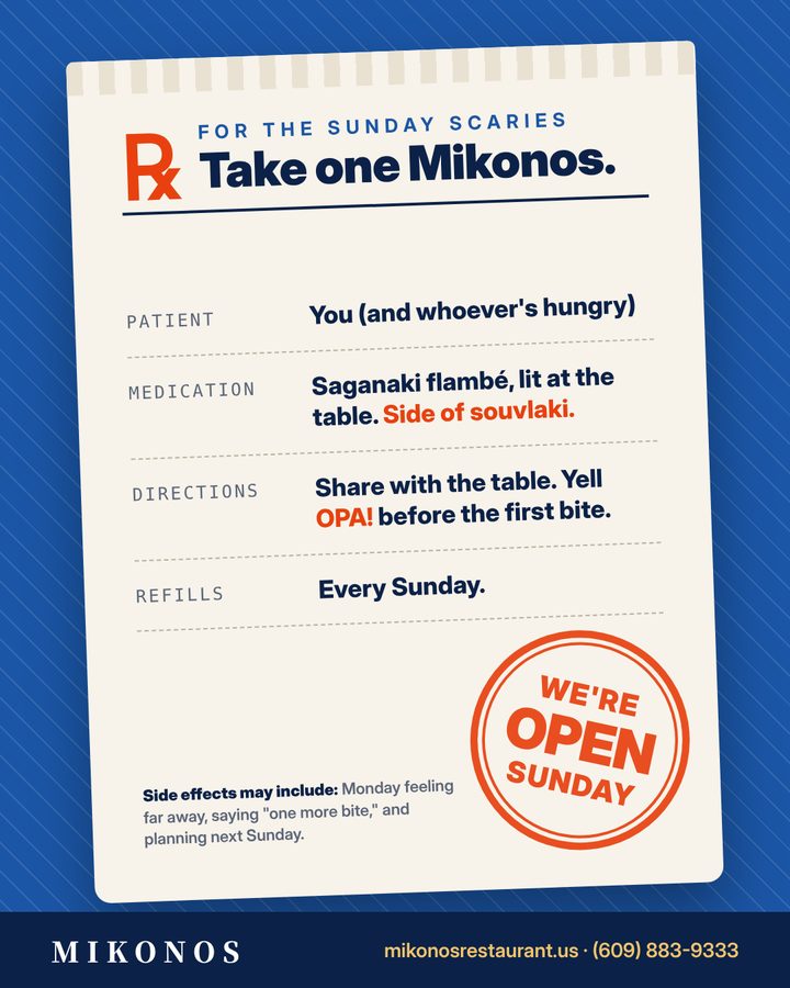 Prescription-style flyer: for the Sunday scaries, take one Mikonos
